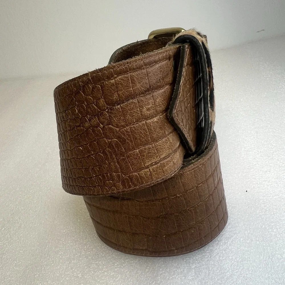 Vintage Ruza Croc Embossed Leather Wide Belt Leopard Strap Women 38